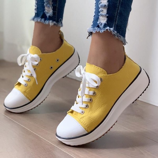 Women's Stylish Leisure Sneakers - Round Toe Low Top Lace Up & Thick Bottom Canvas Shoes for Comfort & Style.