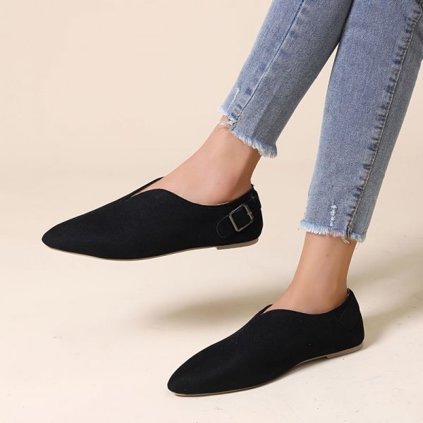 Women's V-cut Pointed Toe Flat Shoes, Comfort Solid Color Buckle Belt Slip On Shoes, Casual Walking Loafers Shoes