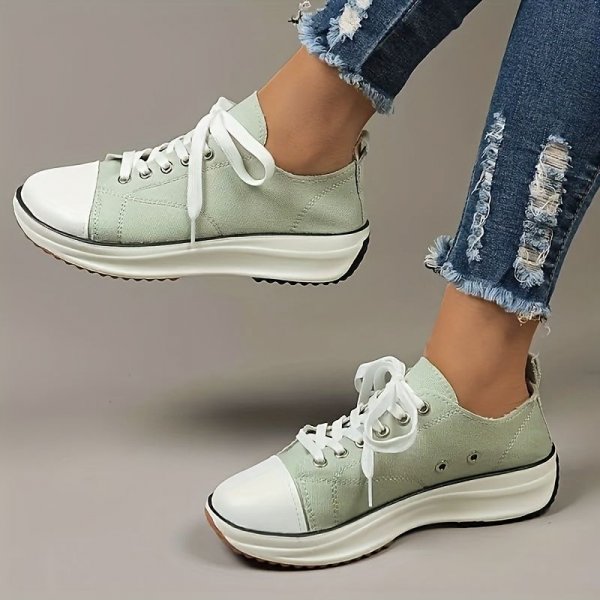 Women's Stylish Leisure Sneakers - Round Toe Low Top Lace Up & Thick Bottom Canvas Shoes for Comfort & Style.