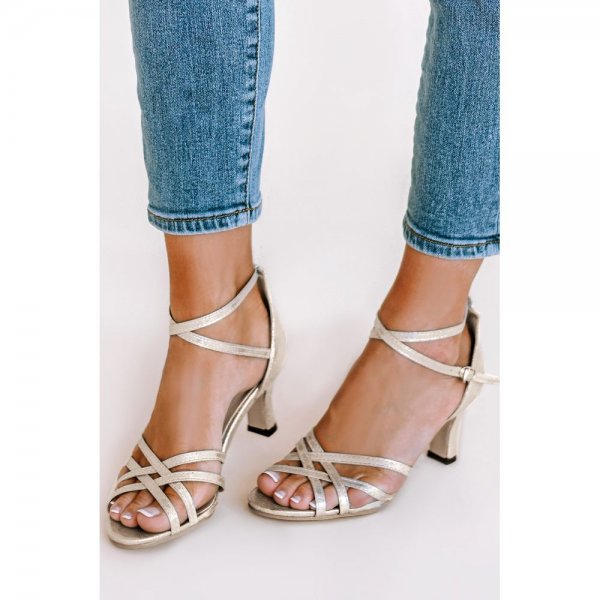 Gold Metallic Crisscross Straps Chunky Heeled Ankle Sandals