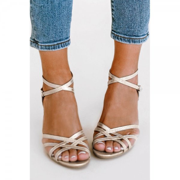 Gold Metallic Crisscross Straps Chunky Heeled Ankle Sandals