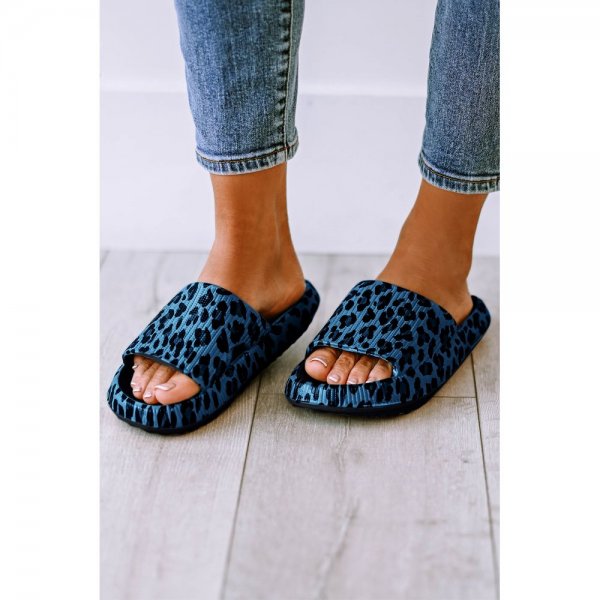 Blue Leopard Print Thick Sole Slip On Slippers