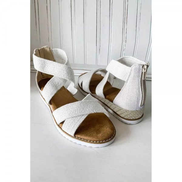 Beige Criss Cross  Zipped Low Wedge Sandals