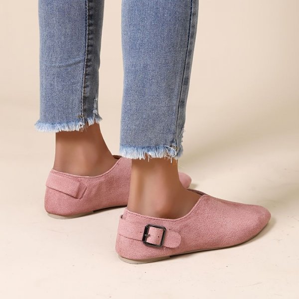 Women's V-cut Pointed Toe Flat Shoes, Comfort Solid Color Buckle Belt Slip On Shoes, Casual Walking Loafers Shoes