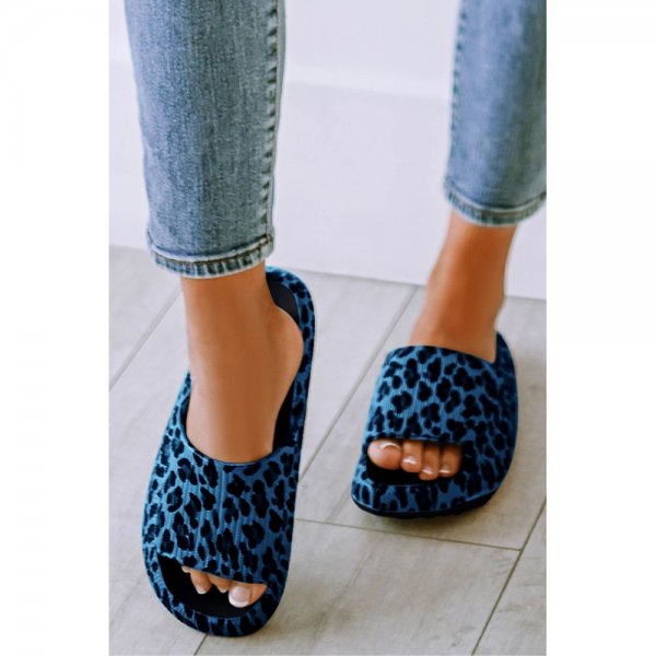 Blue Leopard Print Thick Sole Slip On Slippers