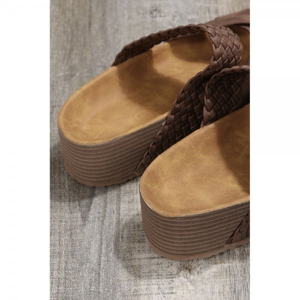 Brown Braided Detail Criss Cross Platform Slippers