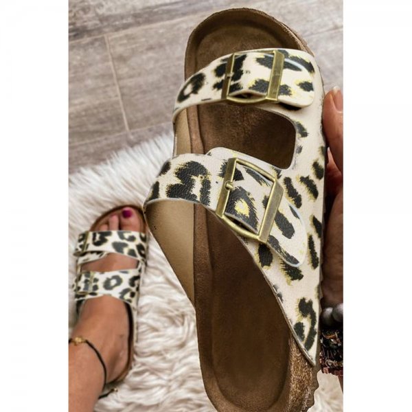 Leopard PU?Leather Square Buckle Slippers