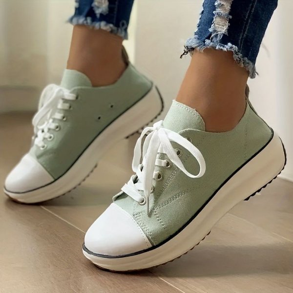 Women's Stylish Leisure Sneakers - Round Toe Low Top Lace Up & Thick Bottom Canvas Shoes for Comfort & Style.