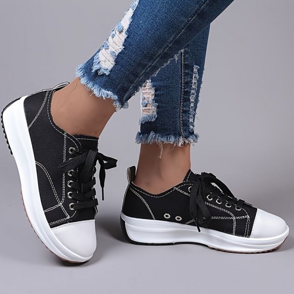 Women's Stylish Leisure Sneakers - Round Toe Low Top Lace Up & Thick Bottom Canvas Shoes for Comfort & Style.