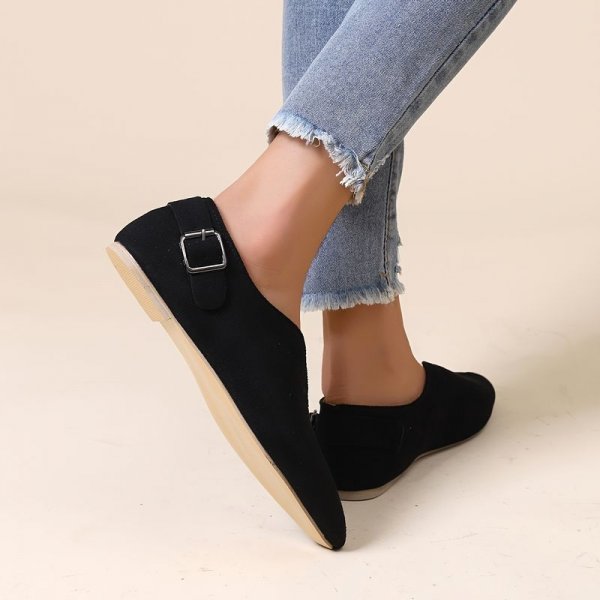 Women's V-cut Pointed Toe Flat Shoes, Comfort Solid Color Buckle Belt Slip On Shoes, Casual Walking Loafers Shoes