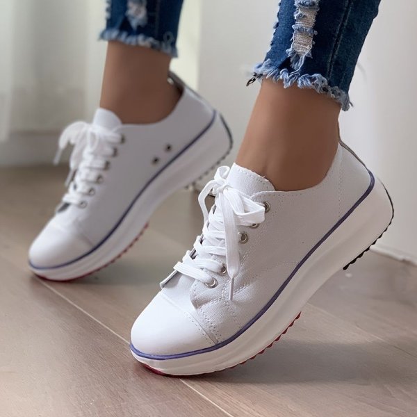 Women's Stylish Leisure Sneakers - Round Toe Low Top Lace Up & Thick Bottom Canvas Shoes for Comfort & Style.